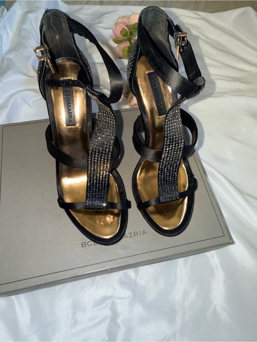 BCB GMaxAzria Black Crystal-Embellished Strappy Heels